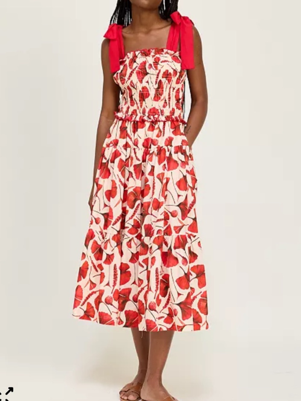 En saison Josie floral smocked red midi dress shoulder ties NWOT SZ M